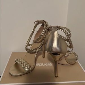 Braided metallic style dress sandals, stiletto. 4 inch heel